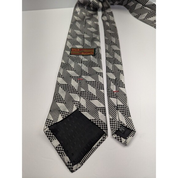 Villa Bugatti Geometric Black/White Silk Pointed Classic Necktie Tie - Picture 4 of 8